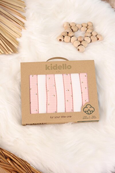 kidello Salmon Ecru Small Flower Motif Ribbed Set of 7 Baby Mouth Wipes