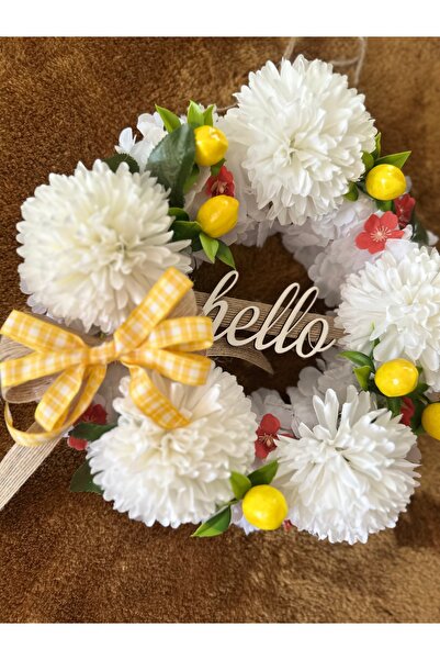 Marrone «Hello» Στολίδι για την πόρτα με γραμμένο λεμόνι και λευκά λουλούδια – Διακοσμητικό στεφάνι με κίτρινη κορδέλα