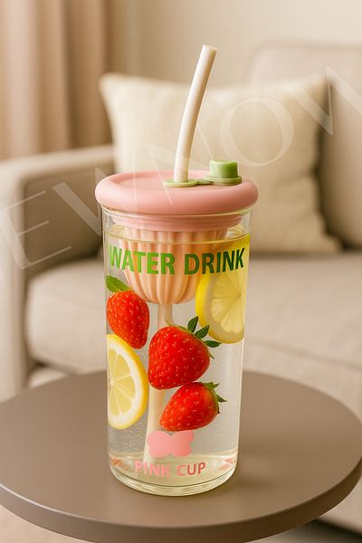 NEWNOW Colored Lid Glass Detox Cup with Straw & Fruit Infuser
