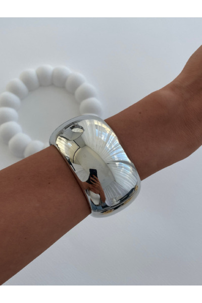 Ervalina Özel Seri Kalın Halka Çelik Kelepçe Bileklik Gümüş