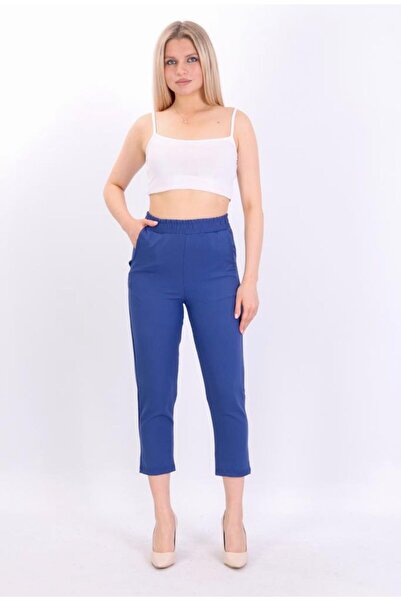 SheLoria Women's Navy Blue Double Pocket Tight Leg Bell Pants with Elastic Waist