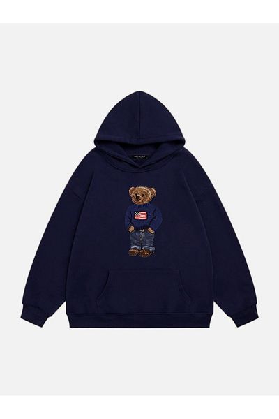 Mad&Calf Unisex Teddy Boy Printed Hooded Fleece Oversize Sweatshirt