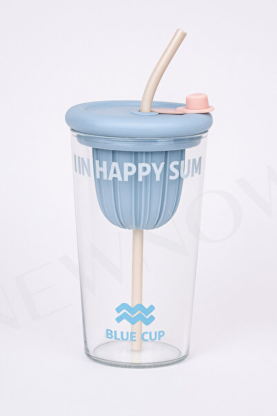 NEWNOW Renkli Kapaklı Cam Detoks Bardak Pipetli & Meyve Infuser