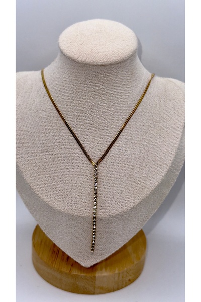 SK aksesuar قلادة من الفولاذ على شكل حرف Y بسلسلة متدلية مرصعة بالأحجار