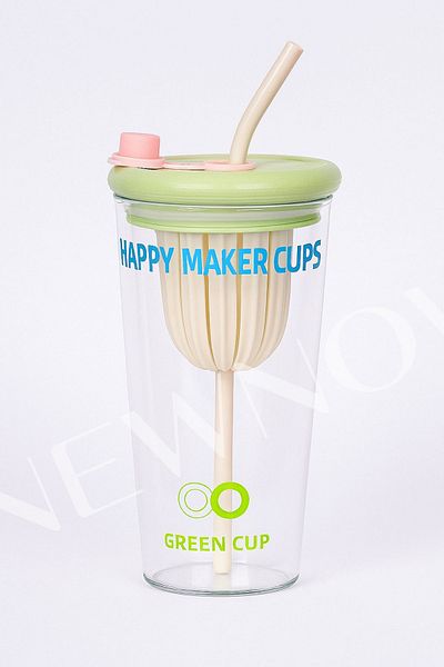 NEWNOW Colored Lid Glass Detox Cup with Straw & Fruit Infuser