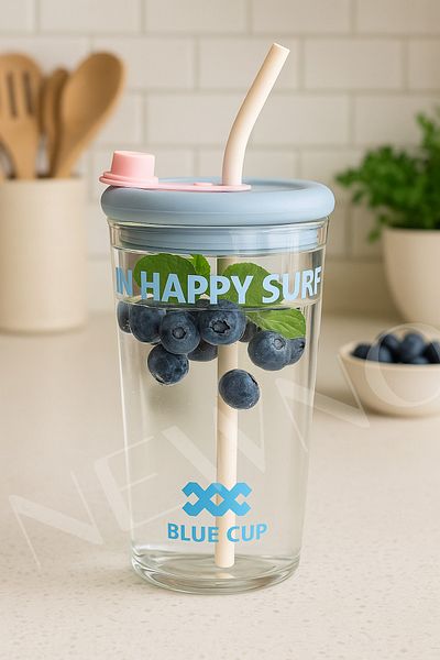 NEWNOW Colored Lid Glass Detox Cup with Straw & Fruit Infuser
