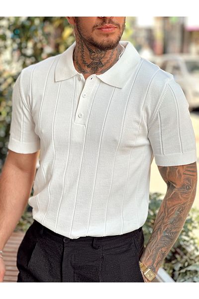 manch collection Stripe Detailed Full Lycra Polo Neck T-Shirt White