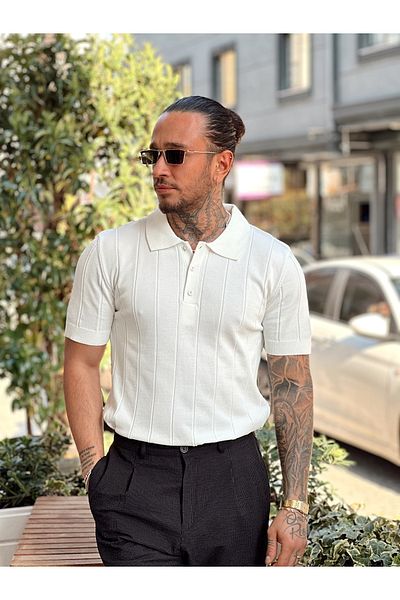manch collection Stripe Detailed Full Lycra Polo Neck T-Shirt White