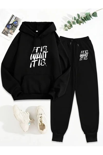 Hunors Sportswear & Company Είναι αυτό που είναι Σετ φόρμας με κουκούλα με στάμπα Oversize Unisex Μαύρη