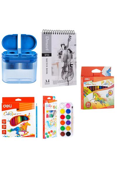 Deli Back to School coloring Combo Set, Sketch Book, Color pencils,crayons,Water color set,Sharpener