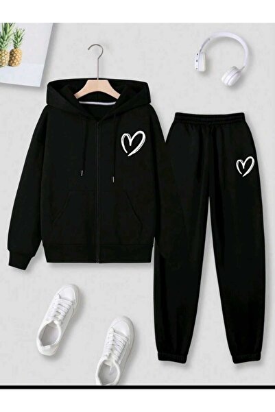 kahire Heart Printed 2 Yarn Knitted Fabric Full Zipper Bottom Top Tracksuit Set