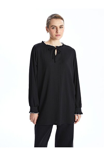 LC Waikiki Lcwaikiki Classic Black Tie Collar Textured Ruffle Women's Tunic