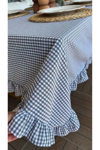 Decamor home Linen Stain Resistant Gray Gingham Ruffled Table Cloth