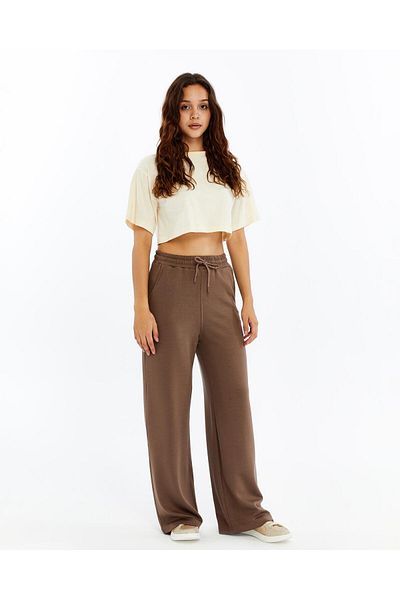 FEMİNEER.com Brown Wide Leg Modal Fabric Women's Sweatpants