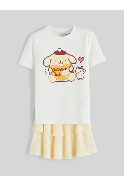 LC Waikiki Lcw kids ecru bicycle collar pompompurin Printed girl's t-shirt and skirt