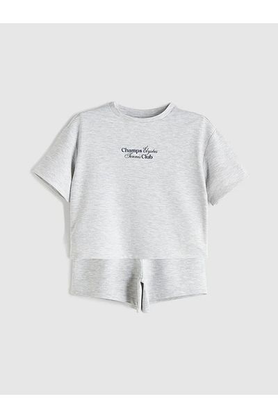 LC Waikiki Lcw Kids Gray Crew Neck Printed Girls T-Shirt and Shorts