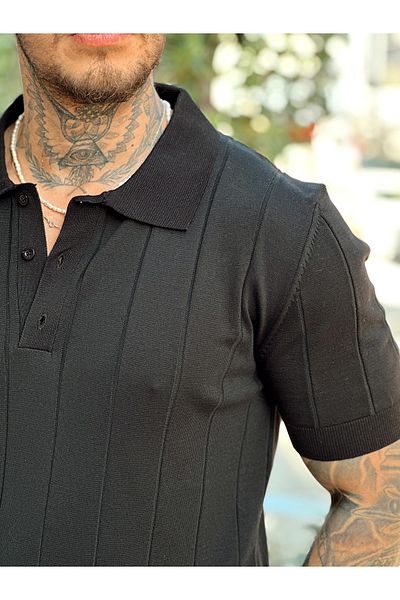 manch collection Stripe Detailed Full Lycra Polo Neck T-Shirt Black