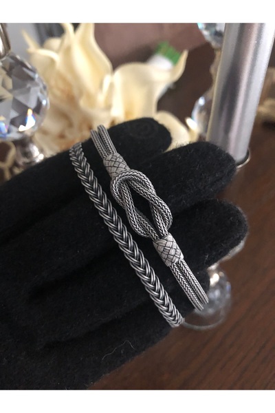 ES Esjewelrygümüş kazaziye gümüş bileklik ikili set, kalın gemici düğümü ve ö...