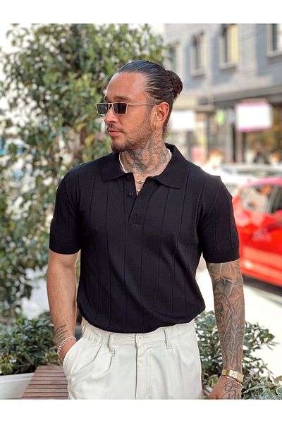 manch collection Stripe Detailed Full Lycra Polo Neck T-Shirt Black