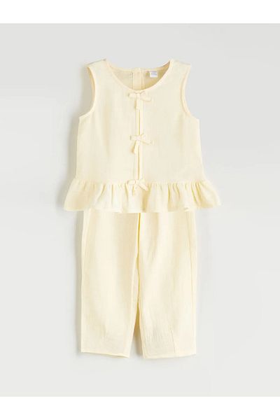 LC Waikiki Lcw Kids Beige Crew Neck Bow Detail Muslin Girl Blouse and Pants