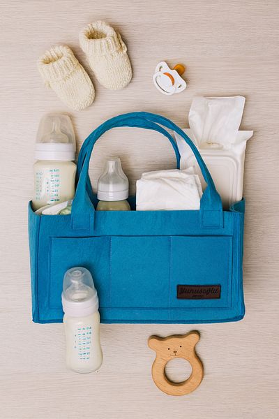 YUNUSOĞLU HOME Blue Felt Mother Baby Care Bag Cream Organizer for Newborn