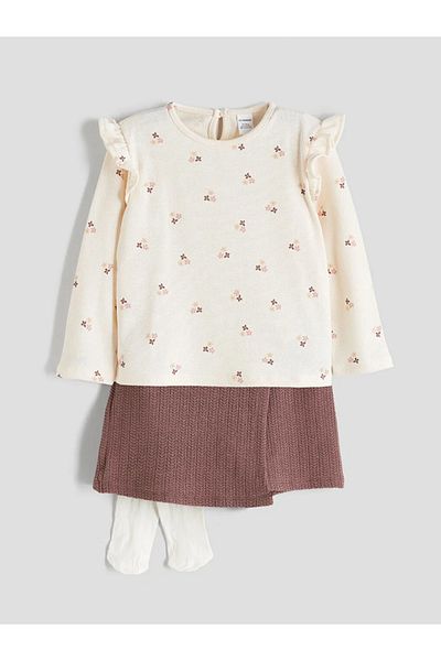 LC Waikiki Lcw kids ecru ruffled girl's blouse, skirt and pantyhose set