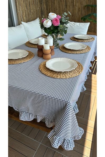 Decamor home Linen Stain Resistant Gray Gingham Ruffled Table Cloth