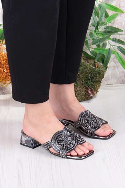 fort Ares 1698 Black Stone Daily Wear Evening Dress Transparent Heel Women's Slippers