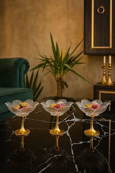 Gülümseten Avm Glass Lotus Flower Presentation Stand with Gold Legs – Set of 3 Sugar Bowl, Turkish Delight Bowl, Coffee Side Treat
