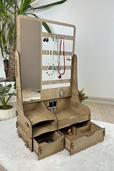 AboutThePerfect Kahverengi büyük aynalı çok bölmeli takı ve kozmetik düzenleyici stand