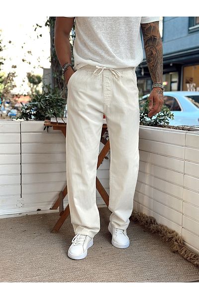 manch collection Baggy Jeans with Drawstring Waist Cream