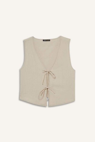 DeFacto New Season Regular Fit V-Neck Tie-Up Crinkle Fabric Sleeveless Blouse