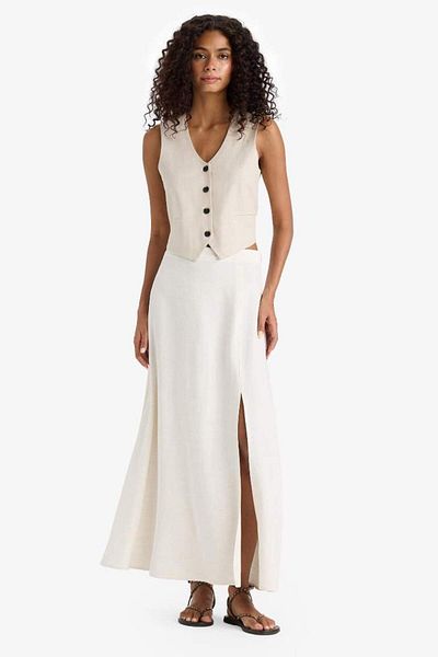 DeFacto New Season A-Line Regular Waist Slit Linen Blend Maxi Skirt