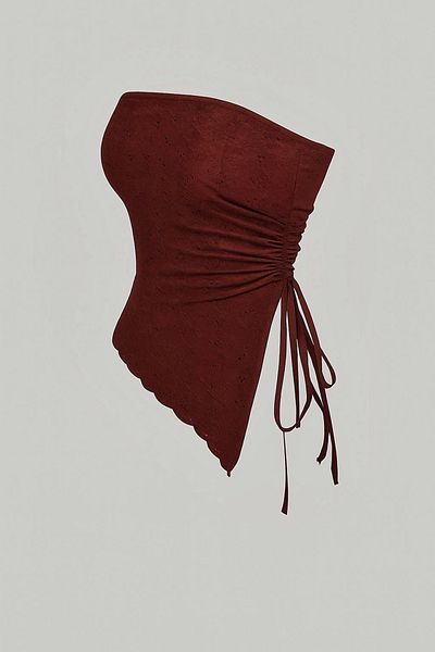 Marin Star Burgundy Embroidery Patterned Asymmetrical Lycra Side Gathered Strapless, Summer Strapless Embroidery Patterned Gathered Blouse