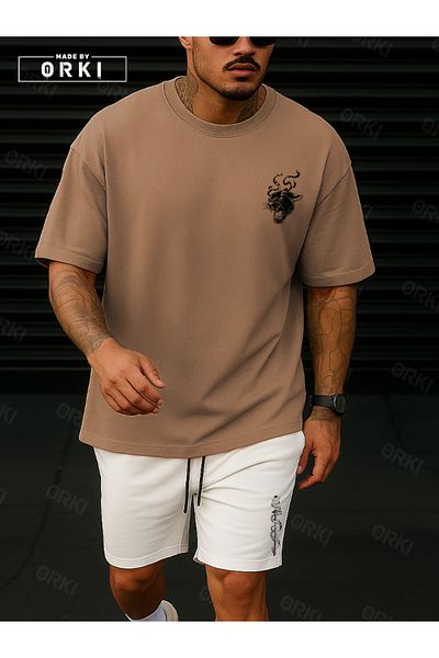 EFFRENATU Orki Tigerblade – Tiger & Sword Printed Oversize Men's Light Brown T-Shirt and White Shorts Set