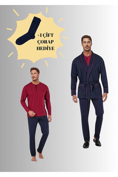 Pierre Cardin Robdöşambırlı Pijama Set 3-Piece Boxed Groom Dowry Set (1 Pair of Socks Gift) 6Pqi7Ekr1Rke6.4L