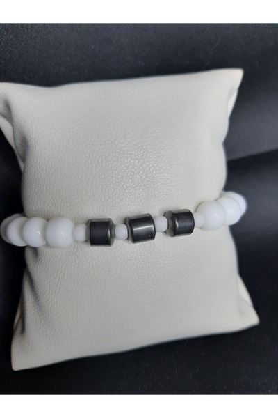 MRYart سوار من الخرز الزجاجي الأبيض وحجر العقيق المدخن المعدني