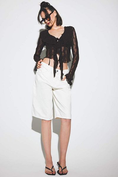 DeFacto New Season Slim Fit Slim Fit V Neck Lace Front Tie Long Sleeve Blouse