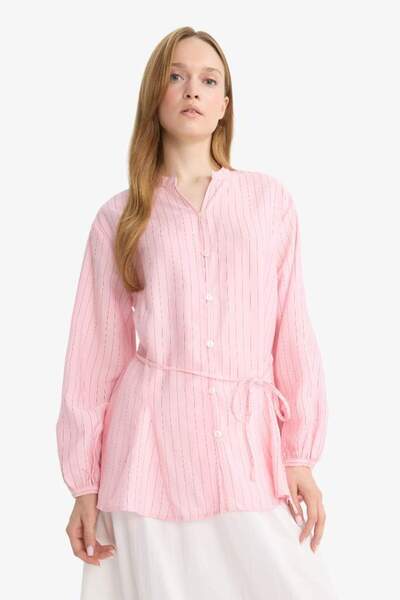 DeFacto Relax Fit Çizgili Bağlamalı Uzun Kollu Gömlek Tunik F5245AX25AU