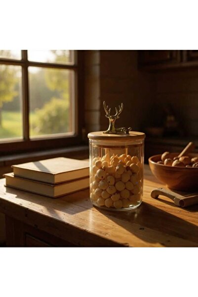 Saatistan Kahverengi kehribar renkli geyikli cam saklama kavanozu 2'li, 600 ml, şık ve kullanışlı