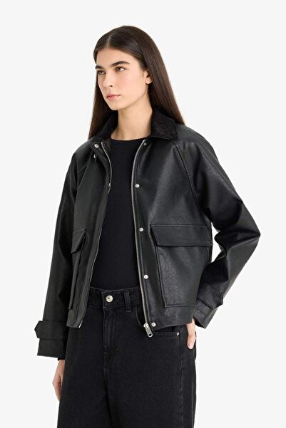 DeFacto Regular Fit Polo Yaka Suni Deri Ceket Mont E8537AX25AU