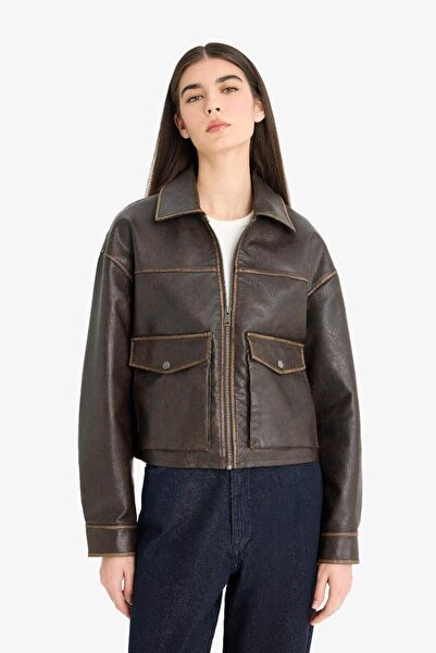 DeFacto Relax Fit Polo Collar Taffeta Faux Leather Coat E8538Ax25Au