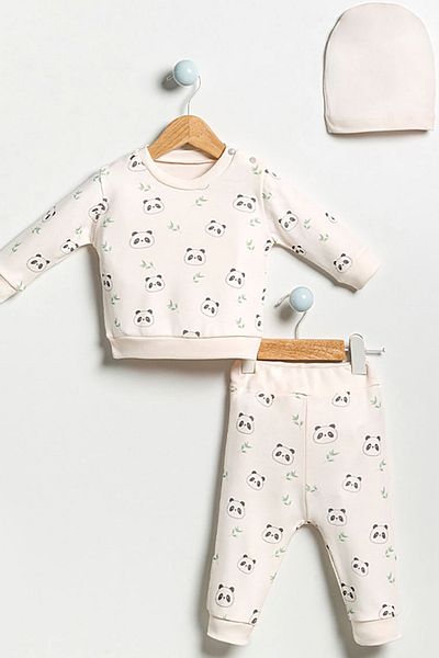 MixMax Bebe Baby Boy Panda Patterned Long Sleeve Bottom Top Beanie Set of 3 Sets 100% Cotton