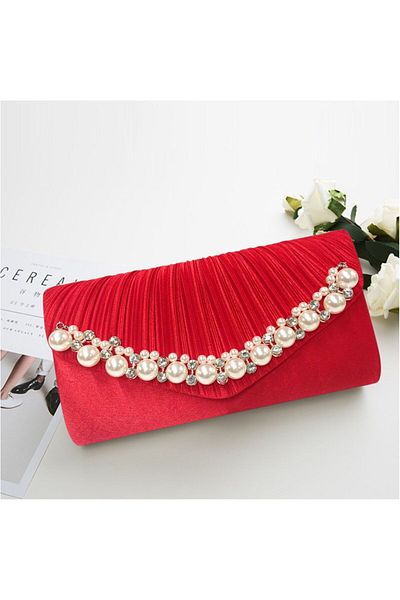 Confortino Luxury satin envelope bag with pearls and rhinestones