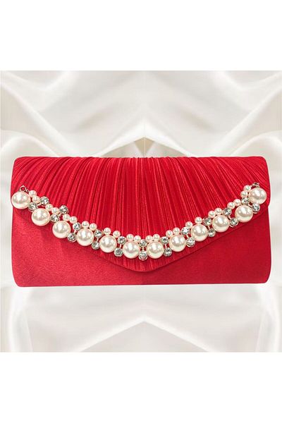 Confortino Luxury satin envelope bag with pearls and rhinestones
