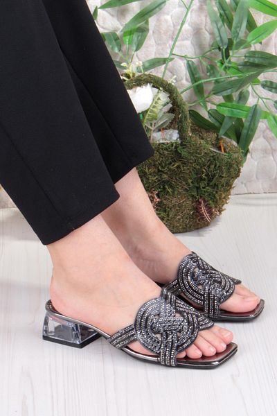 fort Ares 1698 Black Stone Daily Wear Evening Dress Transparent Heel Women's Slippers