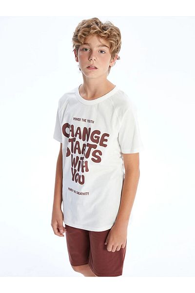 LC Waikiki Lcw Kids Ecru Crew Neck Boys T-Shirt and Shorts