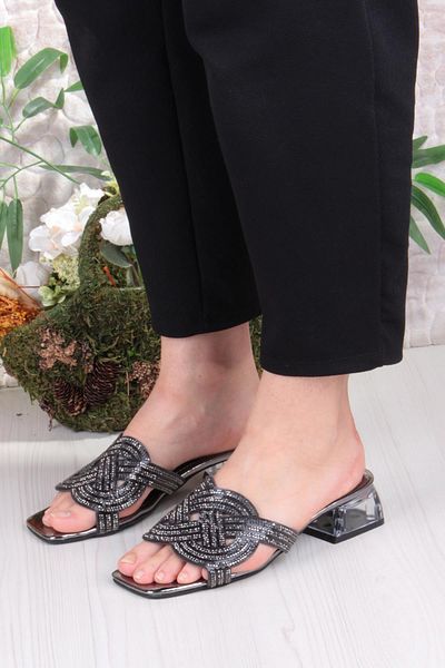 fort Ares 1698 Black Stone Daily Wear Evening Dress Transparent Heel Women's Slippers