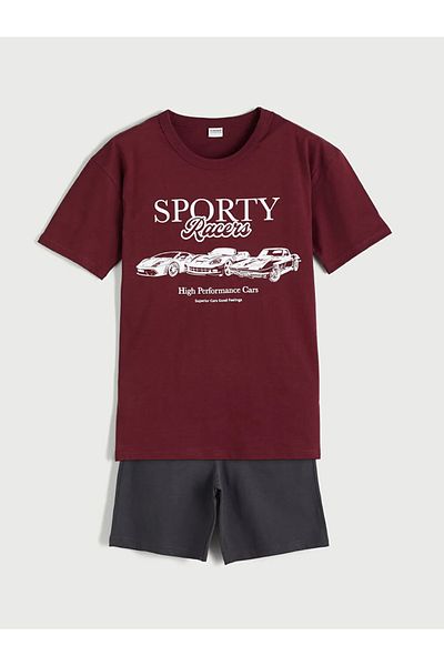 LC Waikiki Lcw Kids Claret Red Crew Neck Boys T-Shirt and Shorts