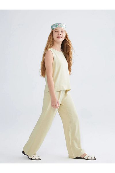 LC Waikiki Lcw Kids Khaki Linen Blend Girls Blouse and Pants